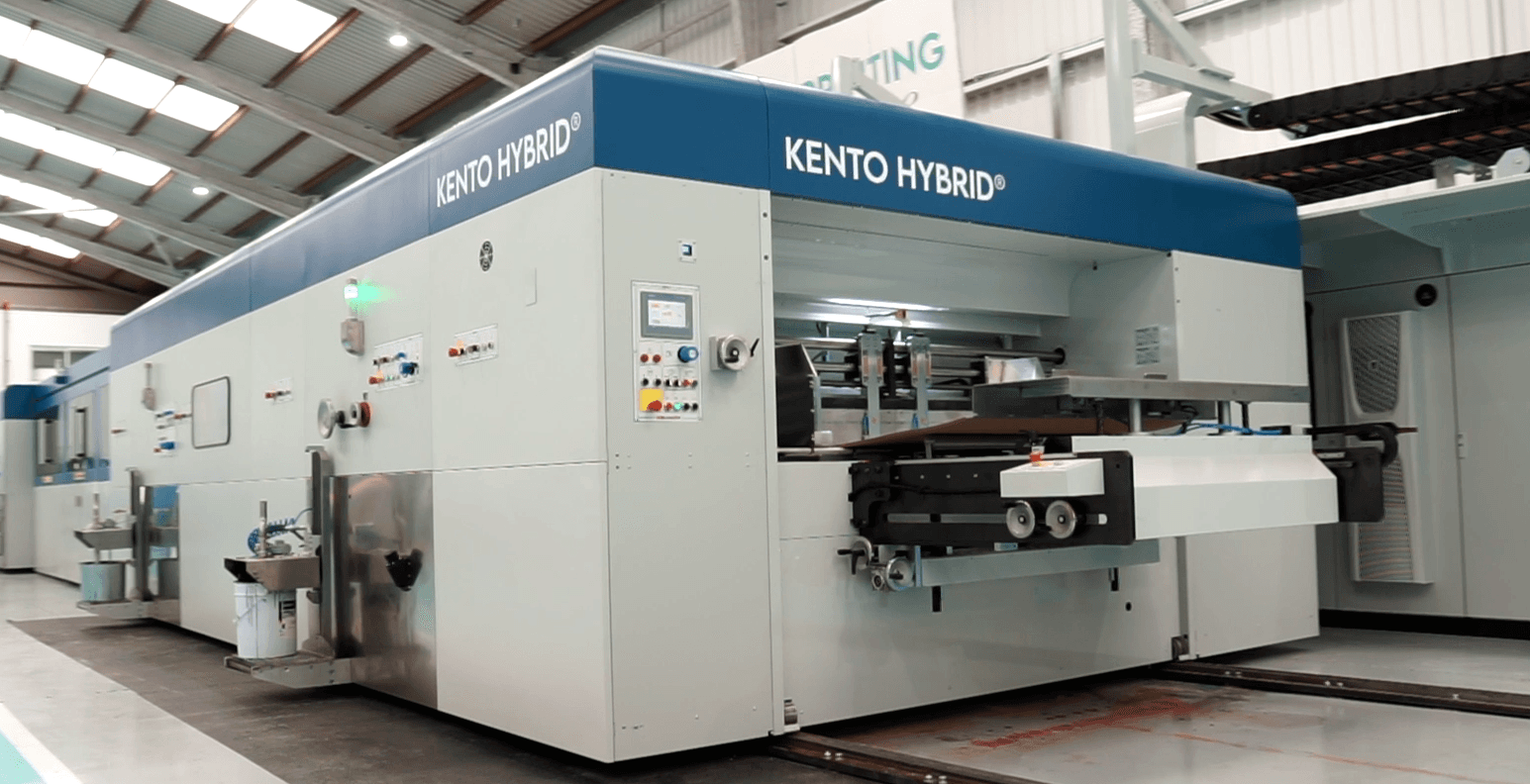 Kento Hybrid full printing line installed in the production hall — branded chassis with HMI controls